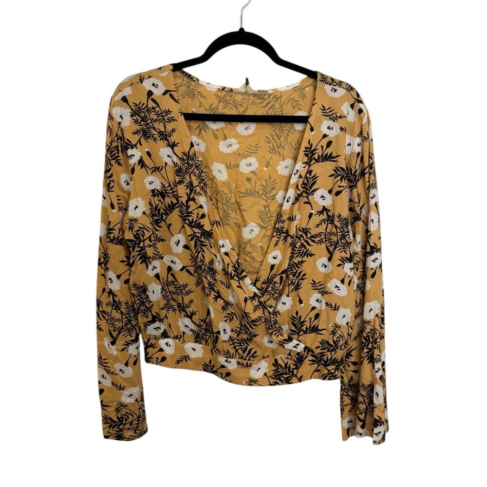 Roxy Top Womens Large Like Gold Faux Wrap Blouse Yellow Black Crop Long Sleeve